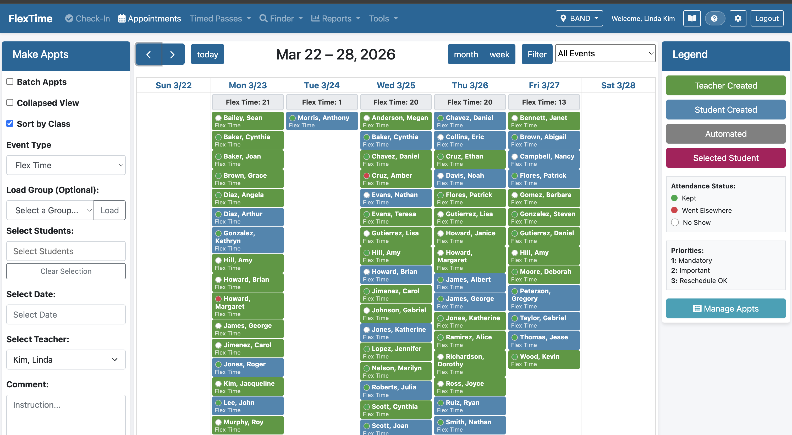 Appointment scheduling page with weekly calendar and student details