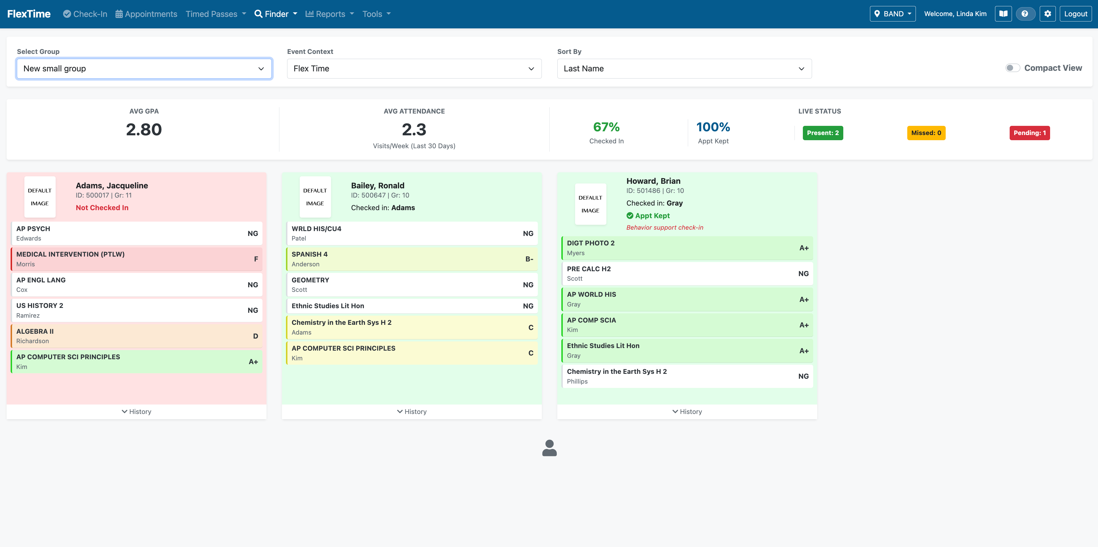 Group Finder showing student cards with grades, attendance, and live check-in status