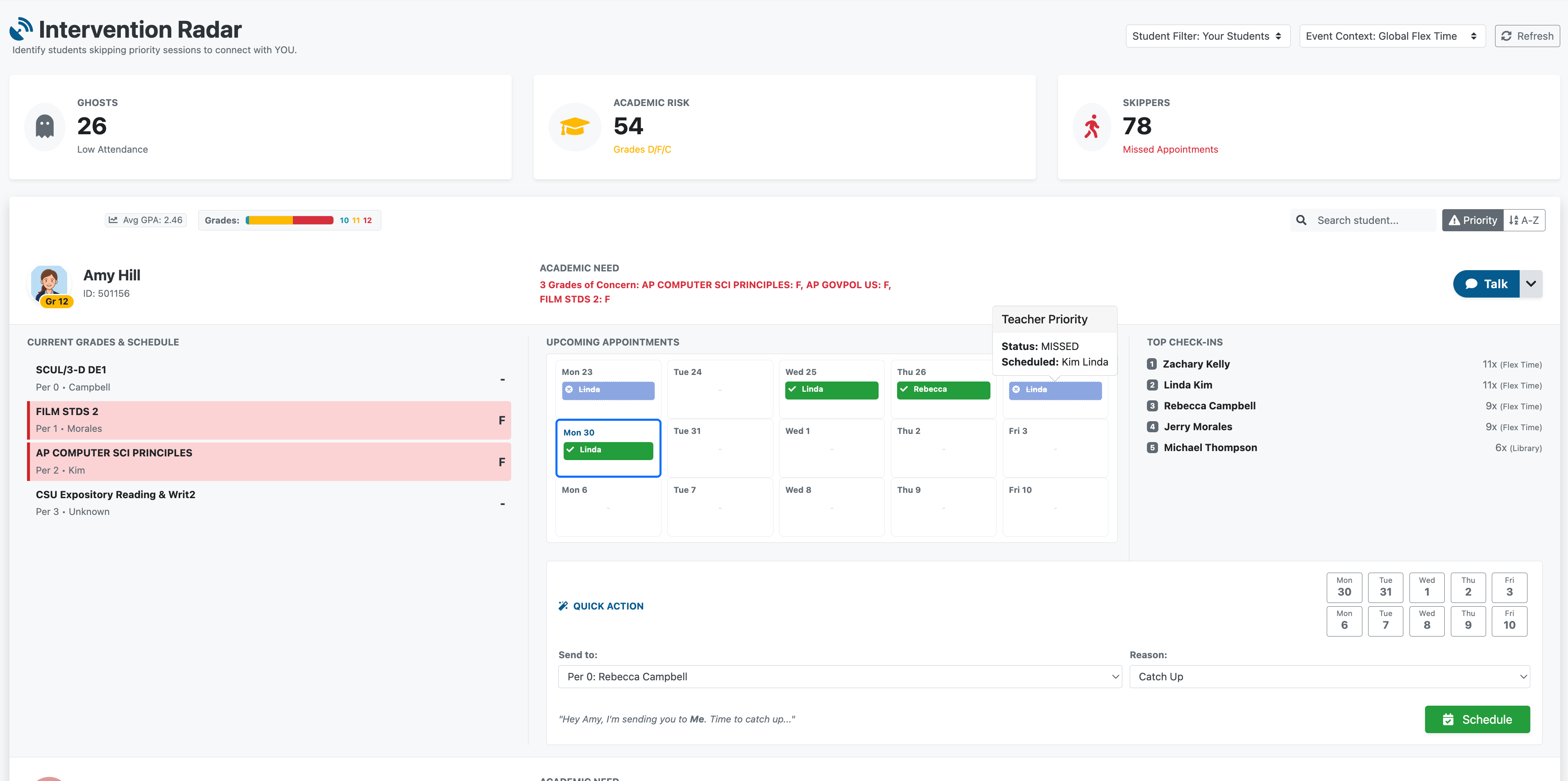 Intervention Radar expanded student view with grades, appointments, and quick action