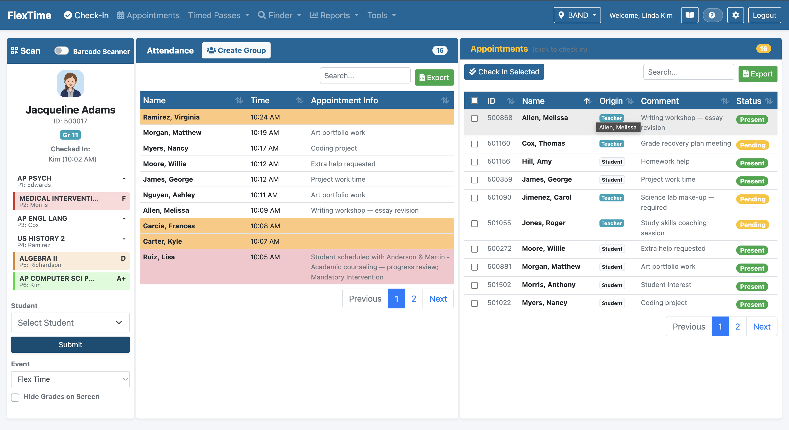 FlexTime check-in page with barcode scanning