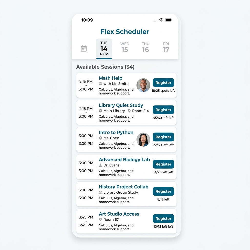 Student mobile app showing available flex time sessions